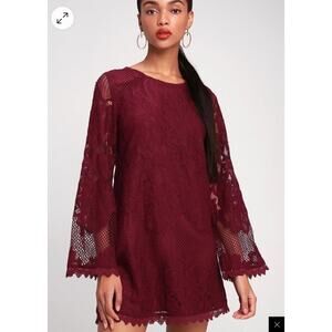 Lulus Can't Forget You Burgundy Lace Bell Sleeve Shift Dress Sz S Party Dressy
